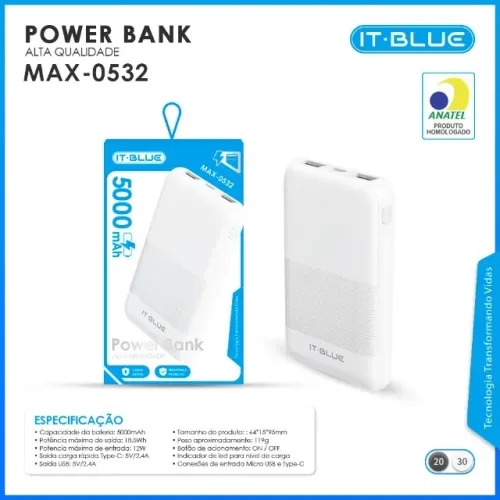 Carregador Portátil Power Bank Turbo 5000Mah Com 2 Saídas USB E 1 Tipo C Premium