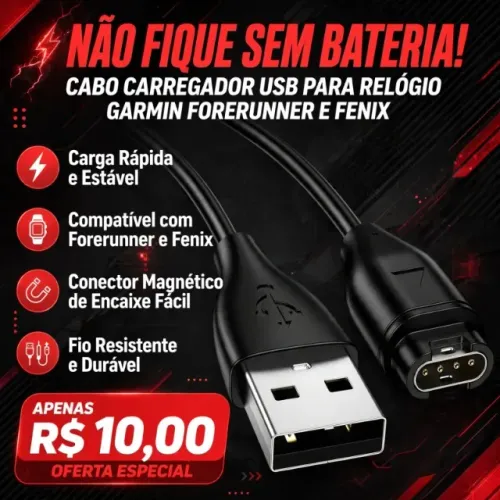 Cabo Carregador Usb Para Relógio Garmin Forerunner E Fenix