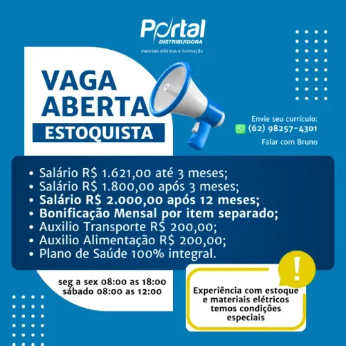 Vaga Estoquista I Materiais Elétricos I Leia o Anuncio!