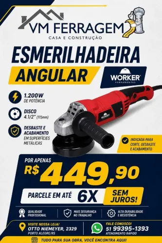 Esmerilhadeira Angular Worker 1200W 127V - Potência e resistência para o dia a dia!