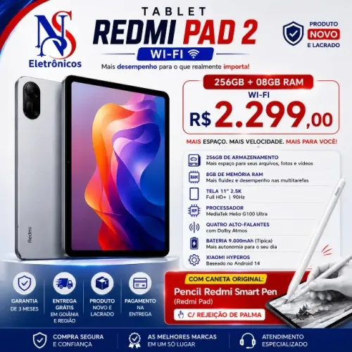 Tablet Xiaomi Redmi Pad 2 256gb 8gb Ram Lacrado + Caneta Original Xiaomi Com Rejeiçao Capa