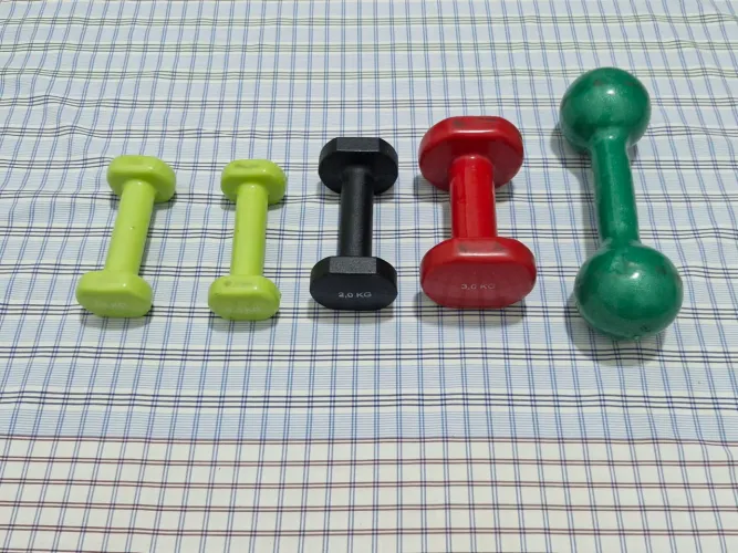 5 halteres de academia 1kg, 2kg, 3kg e 5kg - Cores diversas.