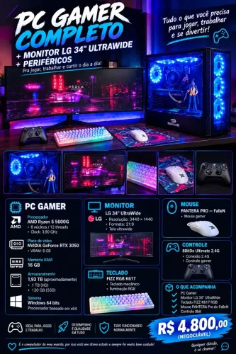 PC Gamer Completo + Monitor LG 34? UltraWide + Periféricos