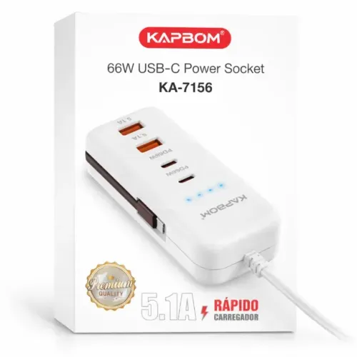 Carregador Turbo Kapbom KA-7156 66W 5.1A 5 Em 1 USB USB-C Tipo C Branco
