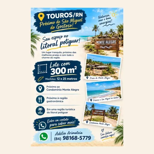 LOTE À VENDA EM TOUROS/RN PERTO DE SÃO MIGUEL DO GOSTOSO