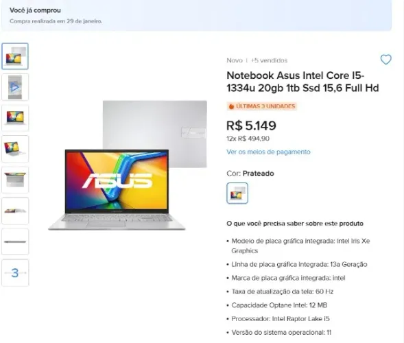 Notebook ASUS 1tb 20gb de RAM NA GARANTIA