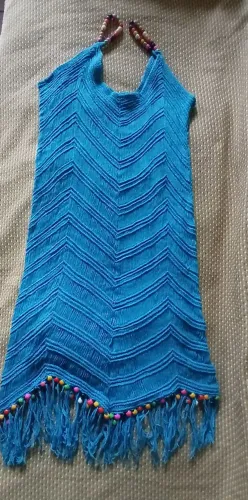  Vestido Saída De Praia Tricot Chevron Franjas E Miçangas.