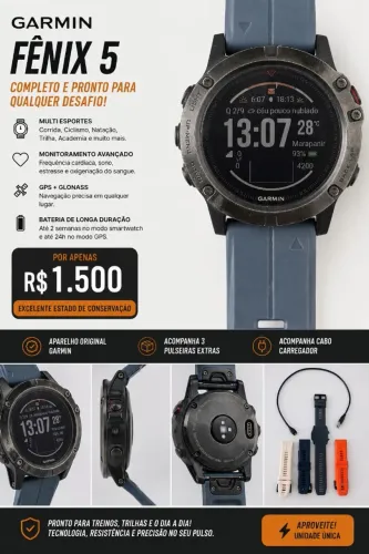 Relógio Garmin Fênix 5 GPS Multiesporte + 3 Pulseiras