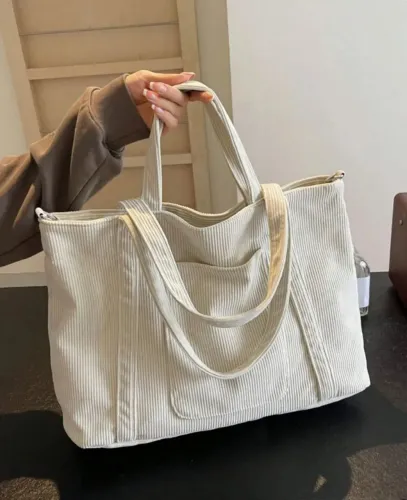 Bolsa Tote Bege Canelada Grande Estilo Casual