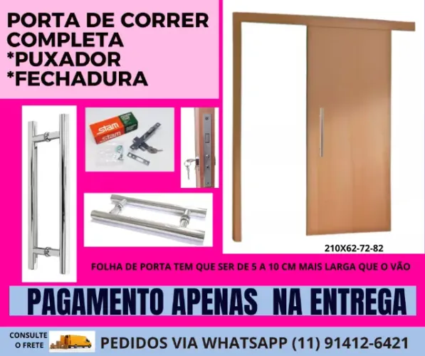 Porta de Correr Lisa  Kit Aluminio e ferragens- 080x210cm - completa