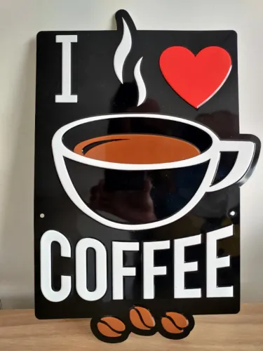Placa decorativa I Love Coffe em aço anodizado 