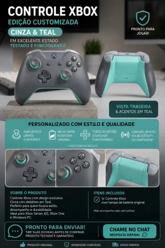 ? Controle Xbox Sem Fio - Edição Customizada Cinza & Teal