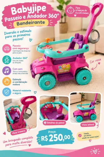 Carrinho Baby Bajipe Rosa - Bandeirante