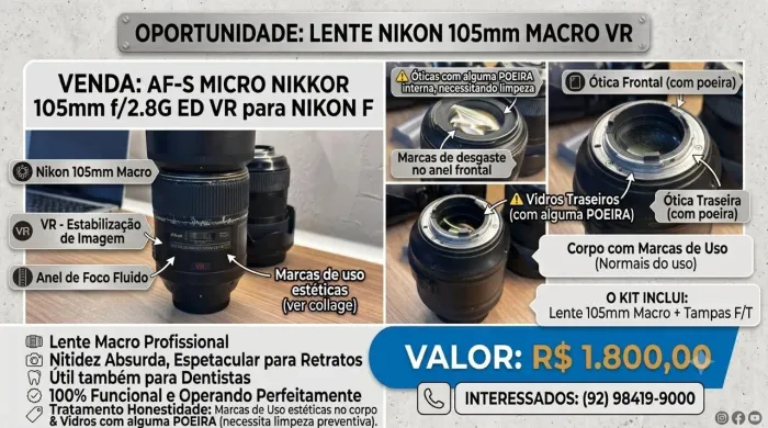 Oportunidade Profissional: Lente AF-S Micro Nikkor 105mm f/2.8G ED VR (para Nikon F)