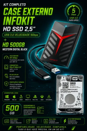 Case Externo Infokit HD SSD 2,5' USB 3.0 Velocidade 5Gbps + HD 500GB Western Digital Black