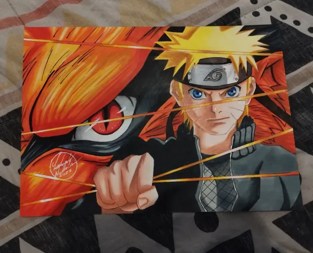 Desenho realista personagem Naruto e Kurama