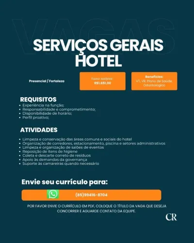 VAGA SERVIÇOS GERAIS EM HOTEL Na BEIRA MAR