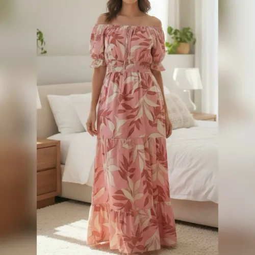 Vestido Feminino Longo Três Marias Manga Ciganinha Estampado Rosa