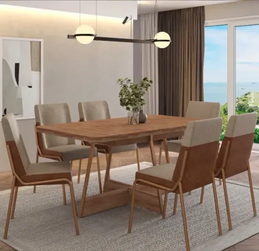 Conjunto de Jantar 6 Lugares Industrial Aço e Madeira com Estofado Caramelo