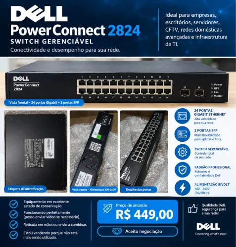 Switch Dell PowerConnect 2824 24 Portas Gigabit Gerenciável
