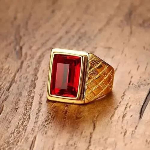Anel Masculino Homem Banhado Ouro 18k Pedra Vermelha Granada