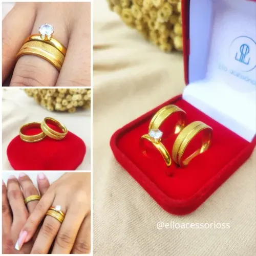 Par de Alianças Diamantada 6mm Com Banho 18k + Anel Solitário + Caixa de Veludo