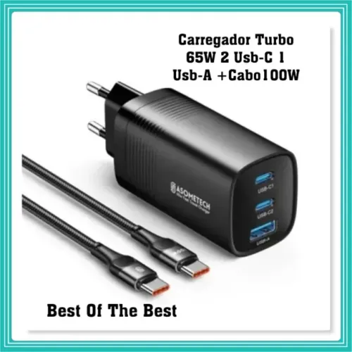 Carregador Turbo 65w 2 Usb-C 1 Usb-A + Cabo 1M