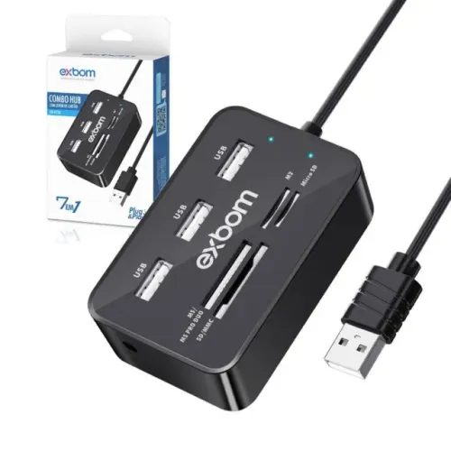 Hub USB 2.0 7 Portas Exbom UH-R230 (3 USB + 4 Leitor de Cartão) - WZetta