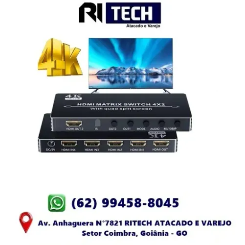 Switch Matrix HDMI 4X2 com Multiview 4k Multi-Visor 4X1 Tela Quádrupla Monitor Duplo