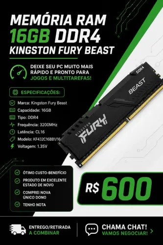 MEMÓRIA RAM 1x16GB DDR4 KINGSTON FURY BEAST