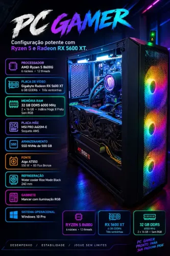 PC Gamer Ryzen 5 8600G RX 5600 XT 6GB 32GB DDR5 SSD NVMe