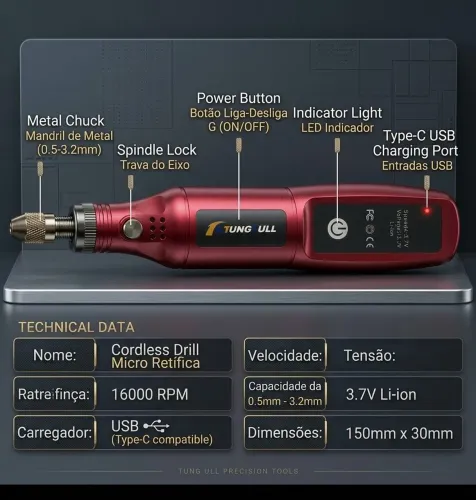Mini Retifica Recarregável Com 22 Peças 16000 RPM