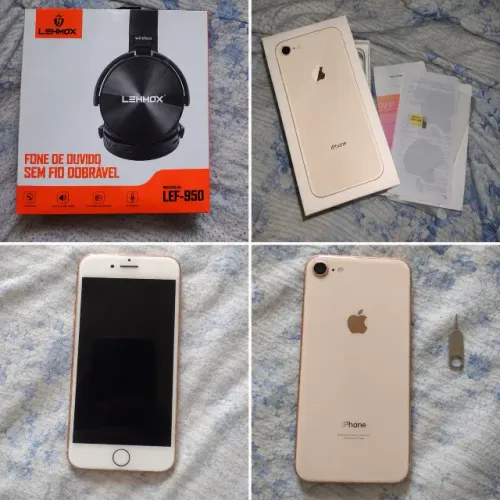 COMBO: iPhone 8 Dourado (Bateria 100% + Caixa) + Fone Sem Fio Lehmox