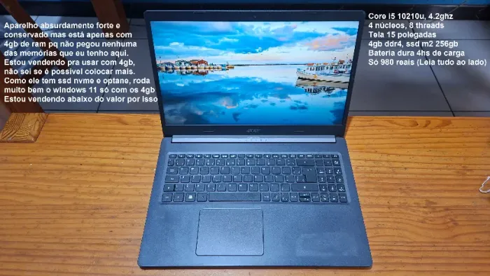 Notebook Acer core i5, 10a ger, 4gb ddr4 e ssd 256gb M2, leia!