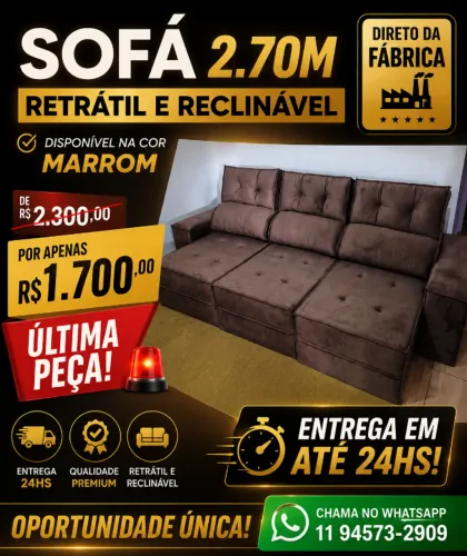 Sofá 2,70 m retrátil e reclinável na cor marrom R$ 1.700,00 Entrega 24h úteis