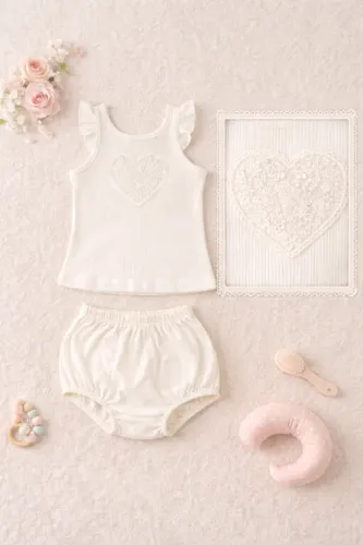 Conjunto Infantil Branco Coração em Renda com Bloomer
