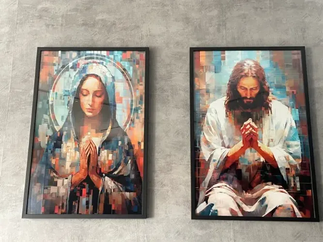 Conjunto de dois Quadros de Jesus e Maria Abstratos e Coloridos