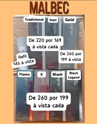 Malbec a partir de 169. Refil 145. Valores no anúncio.