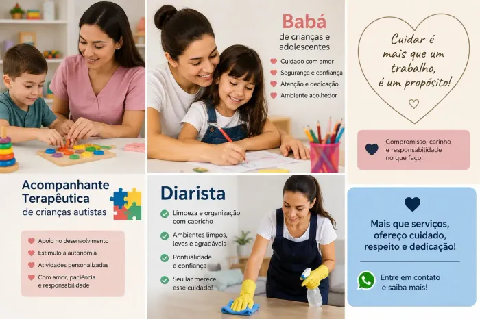 Sou psicóloga e Acompanhamento Especializado para Crianças, adolescentes. Babà e diarista.
