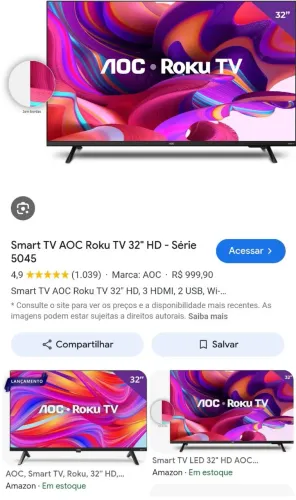 TV AOC 32 POLEGADAS COM SISTEMA OPERACIONAL ROKU.