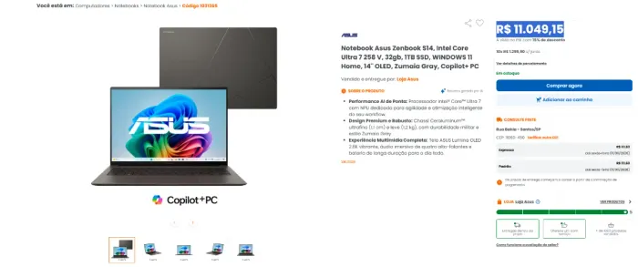 Notebook Asus Zenbook S14 Intel Core Ultra 7 258 V 32gb 1TB SSD, WINDOWS 11 Home, 14" Oled