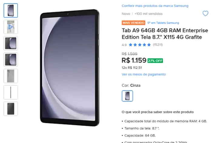Tab A9 64GB 4GB RAM Enterprise Edition Tela 8.7." X115 4G Grafite e caneta touch