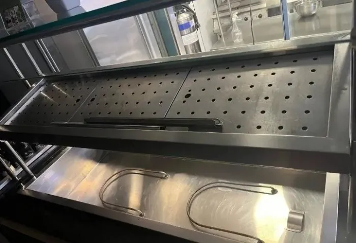 Buffet Self Service Alfatec (quente/frio/bebida/apoio) inox acabamento em madeira