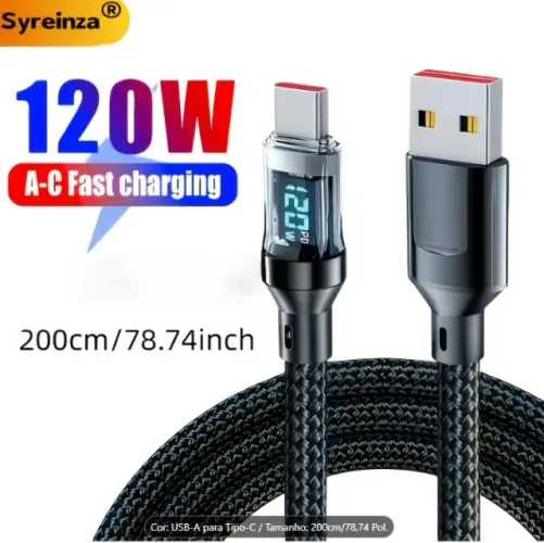 Cabo USB-C de Carregamento Super Rápido Tipo-C em PVC Plano com Display Digital