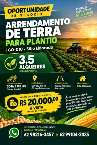 Terra para Arrendamento Agrícola - 3,5 Alqueires - Senador Canedo/GO