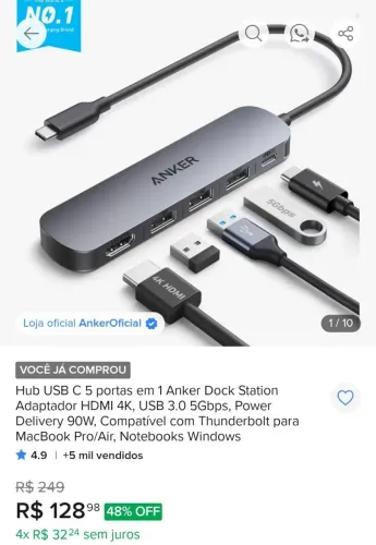 HUB ANKER 5 em 1 HDMI 4k USB 3.0 Tipo C Power Delivery top Dex Samsung PC Celular Android
