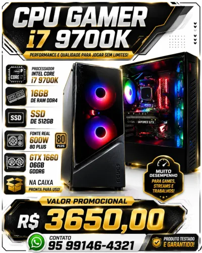 Cpu Gamer i7 9700K 16Gb de Ram Ddr4 + Gtx 1660 06Gb Gddr6 na Cx com Garantia.