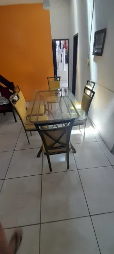 Mesa de jantar vidro temperado e metal - 6 cadeiras