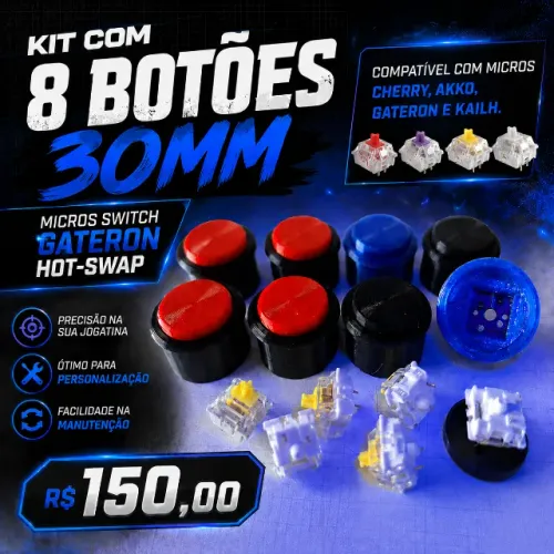 Kit com 8 Botões 30mm Micros Switch-Hot Swap para Arcades