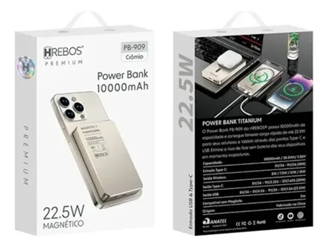 Carregador por Indução HRebos PB909 10.000mah 22,5W - Crômio